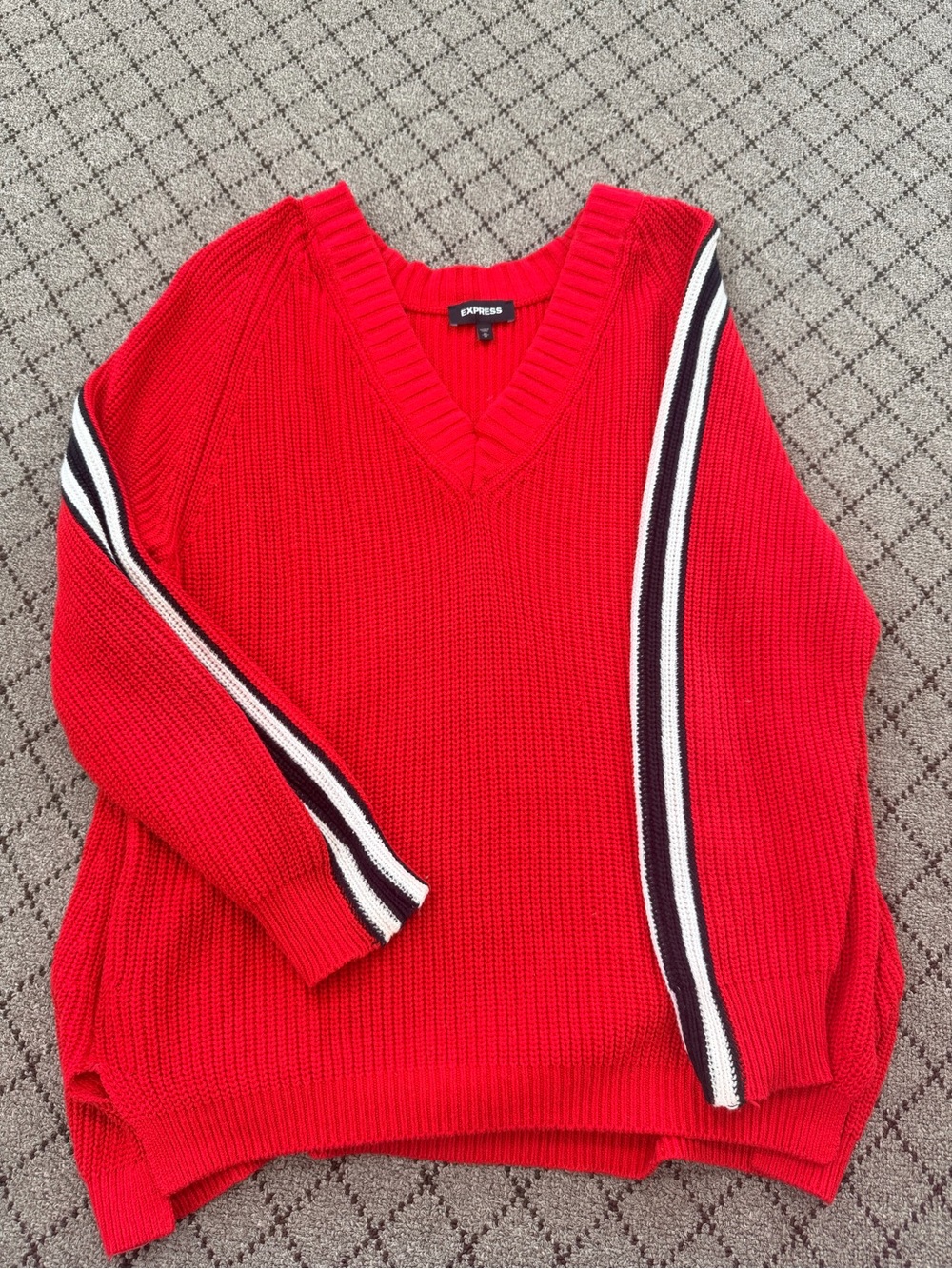 Express Red V-Neck Sweater with Black and White Stripe Detail